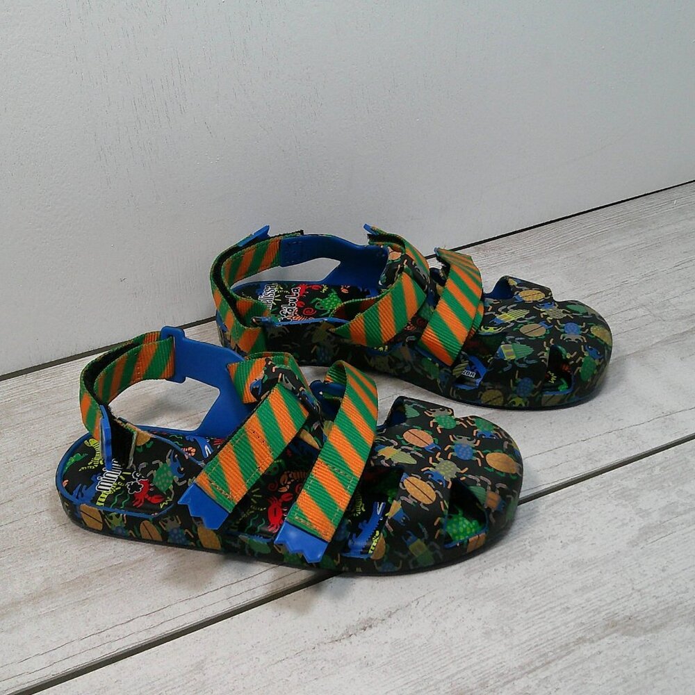 Mini Melissa Girl's Fabula Cage Pattern Grip-Strap Sandals, Blue Size 2